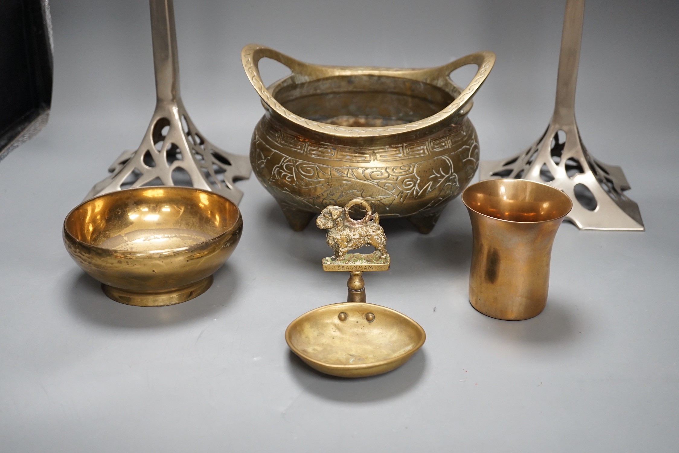 A bronze censer, a pair of secessionist style candle sticks and three other items, bronze censer 20 cms wide